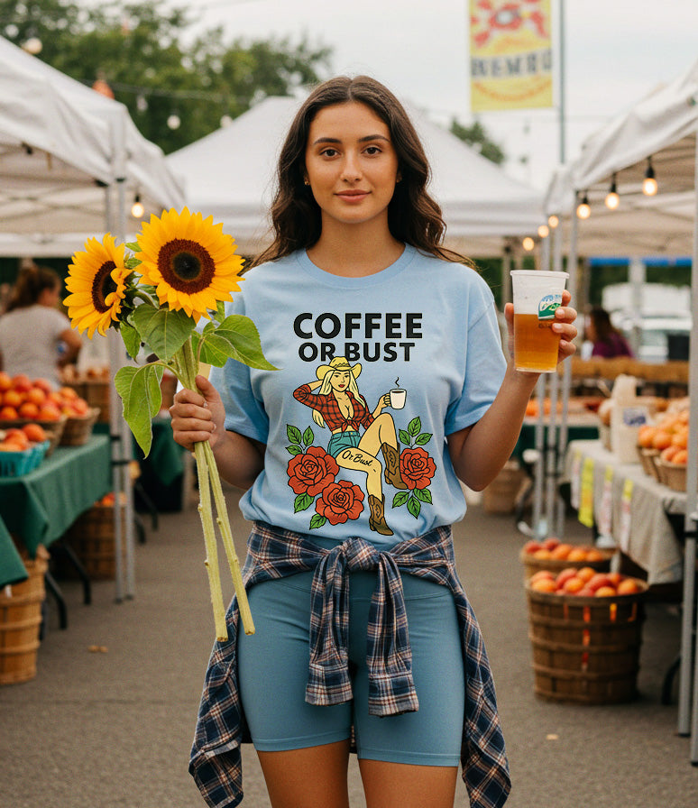 Coffee Or Bust – Comfort Colors® Cowgirl Coffee Shirt, Western Graphic Tee
